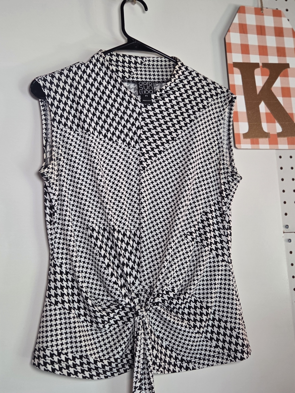 Clara Sun Woo Black & White PS Houndstooth Tie-Front Sleeveless Blouse